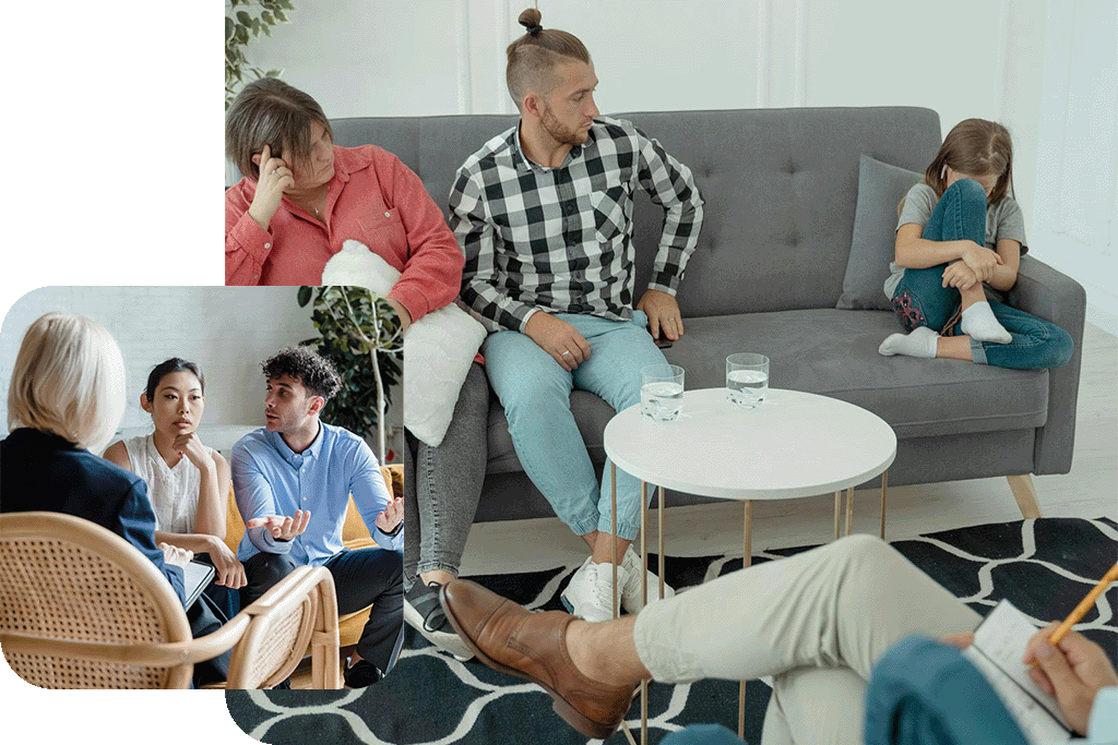 header-elternberatung-und-familienunterstĂ¼zung Mann und Frau auf Couch, Jungendlicher im Gespräch